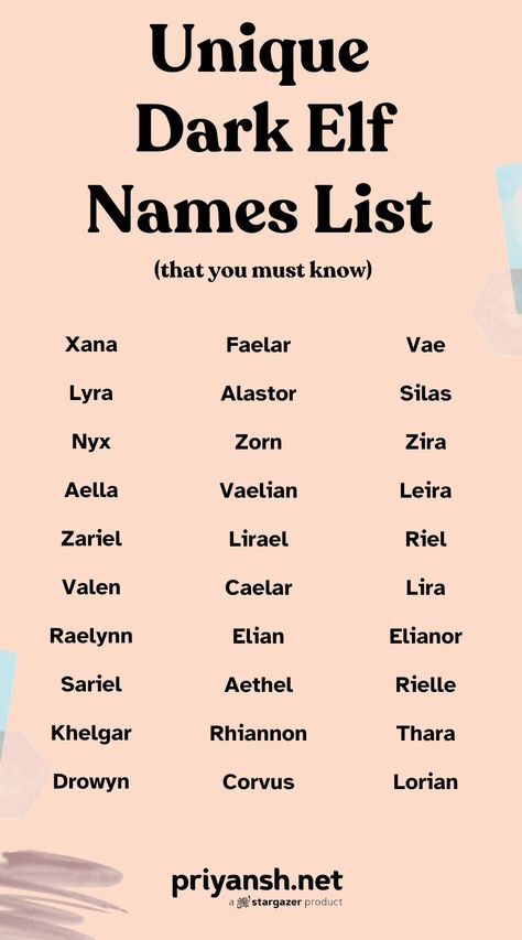 Looking for the perfect name for your dark elf character? Explore this list of 25+ unique and evocative names inspired by the mystique of the dark elves. Find names that embody strength, magic, and a touch of darkness. Names Meaning Shadow, Elf Names Girl, Fantasy Names With Meaning, Dark Elf Names, Elvish Names, Elf Name Generator, Making Oc, Male Character Names, Elf Oc