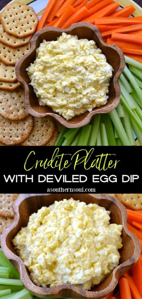 This Crudités Platter with savory, creamy, Deviled Egg Dip is a fresh twist on a classic appetizer! This simple 6-ingredient recipe is ready in just 10 minutes. Whether you’re casually entertaining friends, attending a potluck, or hosting a holiday feast, Deviled Egg Dip is sure to be the talk of the party! Deviled Egg Dip, Egg Dip, Appetizers Cold, Crudite Platter, A Southern Soul, Soul Recipes, Classic Appetizers, Appetizers For A Crowd, Delicious Appetizer Recipes