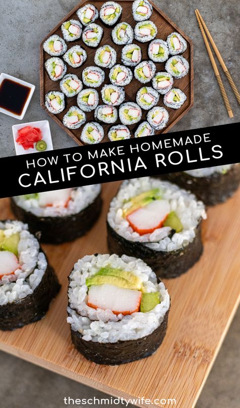 Sushi Recipes California Roll, Homemade California Rolls, California Roll Recipe, California Sushi Rolls, California Roll Recipes, Easy Sushi Rolls, Crab Avocado, Wife Recipes, Recipes Sushi