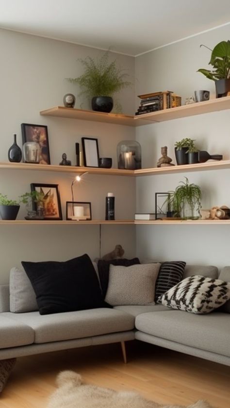 Utilizing Vertical Space, Living Room Extra Wall Ideas, Corner Shelves Sofa, Living Room Full Wall Shelves, Living Room Corner Shelving Ideas, Vertical Shelves Living Room, Corner Wall Ideas In Living Room, Shelves In Corner Living Room, Corner Shelf Styling Living Rooms