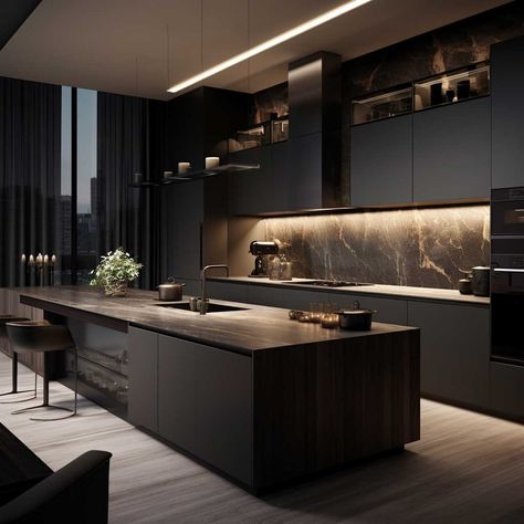 Modern Dark Kitchen, Dark Modern House, Desain Pantry, Dark Modern, Dark Kitchen, Modern Kitchen Interiors, House Design Kitchen, Kitchen Inspiration Design, Dream House Interior