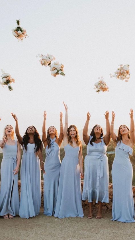 Bridesmaids Dresses Same Color Different Style, Pastel Blue Bridesmaids Dresses, Mismatched Bridesmaid Dresses Blue, Steel Blue Bridesmaid Dresses, Light Blue Bridesmaid Dresses, Light Blue Bridesmaid, Blue Wedding Decorations, Summer Bridesmaids, Pastel Bridesmaid Dresses