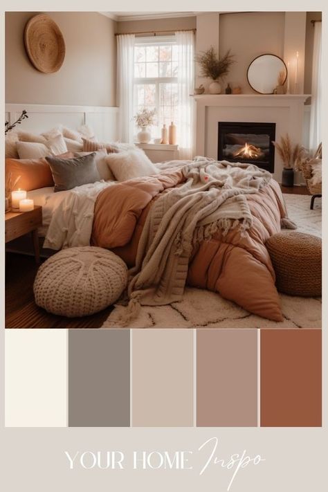 Guest Bedroom Pop Of Color, Different Color Bedroom Ideas, Styles Of Bedroom Decor, Cozy Color Schemes Bedroom Ideas, Dusty Bedroom Colors, Brown Room Color Schemes, Brown Oak Bedroom Ideas, Ochre Color Palette Bedrooms, Wood Room Ideas Bedrooms