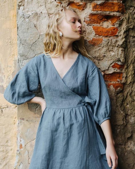 Balloon Sleeves Dress, Elegant Wrap Dress, Fancy Gown, Dress Deep V Neck, Linen Wrap Dress, Maxi Design, Ruffle Linen, Gown Blue, Pockets Details