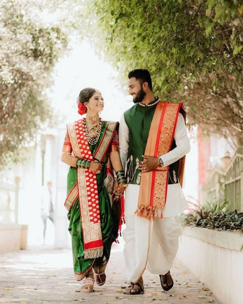 Groom Indian Wedding Outfits For Marriage Maharashtrian, Navari Saree Marathi Bride And Groom, Maharashtrian Bride Groom Outfit, Groom Marathi Wedding Outfits, Nauvari Saree Poses Couple, Maharashtrian Vidhi Look Couple, Maharashtrian Groom Outfit Dhoti, Saptapadi Look For Bride, Vidhi Look For Groom