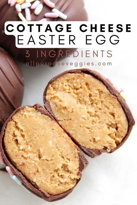 Yes, it seriously works! Here's an unbelievable protein-packed Easter treat that's as delicious and easy to make! Introducing Low Fat Cottage Cheese & Peanut Butter Easter Eggs, the perfect healthy snack to fuel you in the morning or recharge you post-workout. With just three simple ingredients—low-fat cottage cheese, peanut butter powder, and a chocolate coating—these eggs are a fun and tasty way to indulge without the guilt. #cottagecheese #eastereggs Chocolate Peanut Butter Cottage Cheese, Cottage Cheese Peanut Butter Cookies, Cottage Cheese Mousse Low Carb, Cottage Cheese Truffles, Protein Powder And Cottage Cheese, Chocolate Cottage Cheese Cheesecake, Healthy Satisfying Snacks, Cottage Cheese Desserts Easy, Cottage Cheese Protein Balls