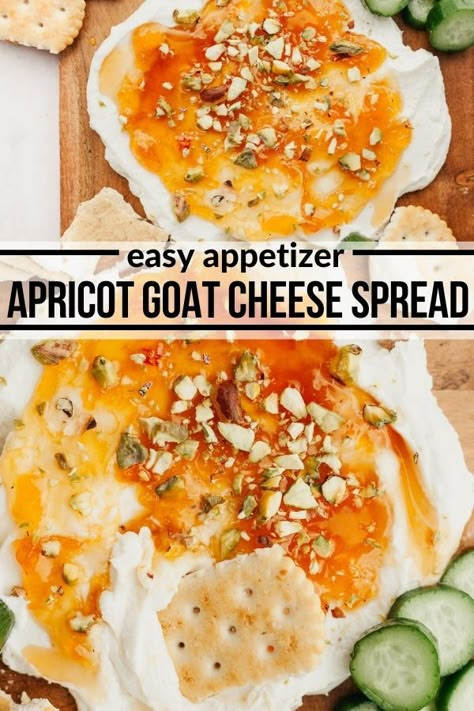 Goat Cheese And Apricot Jam Appetizer, Goat Cheese Recipes Charcuterie, Goat Cheese Cracker Appetizer, Goat Cheese Toppings, Apricot Goat Cheese Appetizer, Goat Cheese On Charcuterie Board, Goat Cheese Dip Easy, Baguette Snack Ideas, Goat Cheese Baguette Appetizer