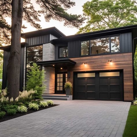 3+ Striking Color Choices for Garage Doors on Brick Houses • 333+ Images • [ArtFacade] House Exterior Brick And Wood, Home Exterior Brick And Siding, White Black Brown House, Black Brick Outside House, Black And Brown Exterior House, Black Garage Doors Brick House, Modern House Design With Garage, Brick House With Black Garage Door, Black Garage Door Brick House