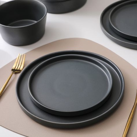 Stone Lain Celina Stoneware 12-Piece Dinnerware Set, 2B, Black, Service For 4, 9-inch Pasta Bowl Dinner Set Design, Matte Plates, Assiette Design, Black Tableware, Kitchen Essentials List, Dinnerware Set Modern, Kitchen Decor Collections, Grey Dinnerware, Crockery Design