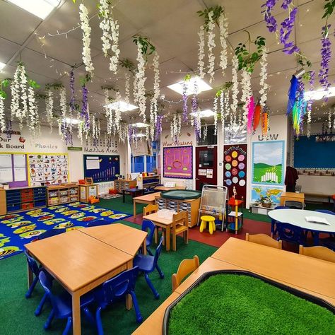 Decoration Ideas For Kindergarten, Washington Forks, Classroom Ceiling Decorations, Garden Theme Classroom, Classroom Ceiling, Crayon Storage, White Wooden Chairs, Teacher Goals, Teacher Classroom Ideas