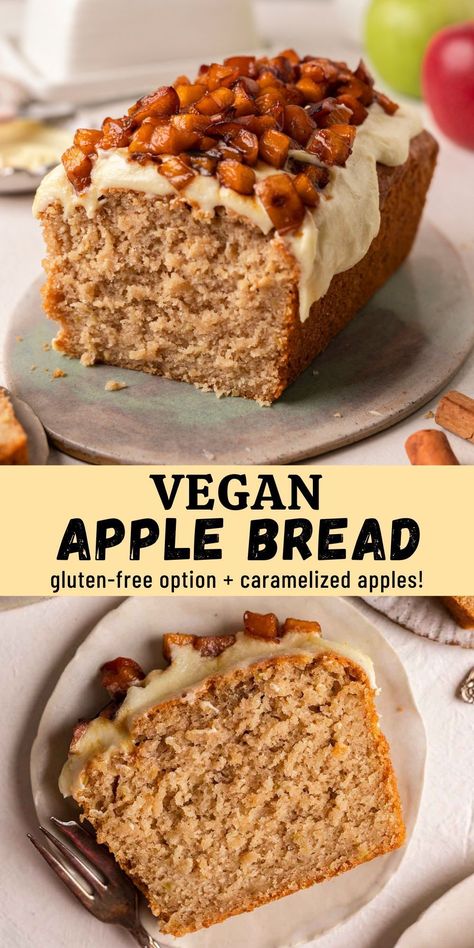 Fluffy and moist vegan apple bread that comes together in one bowl using only 8 ingredients! The bread can easily be made gluten-free and refined sugar-free too. Vegan Apple Loaf Cake, Vegan Apple Loaf, Vegan Apple Bread Recipe, Vegan Loaf Bread, Vegan Apple Desserts Easy, Vegan Loaf Cake, Vegan Apple Bread, Deserturi Raw Vegan, Vegan Loaf