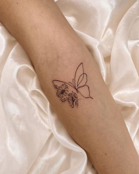 Behind Elbow Butterfly Tattoo, Tulips And Butterfly Tattoo, Fine Line Tattoo Butterfly Flower, Simple Rose And Butterfly Tattoo, Butterfly Tattoo To Cover Scar, April Butterfly Tattoo, Connecting Butterfly Tattoo, Tattoo Designs Butterfly For Women, Aster Butterfly Tattoo