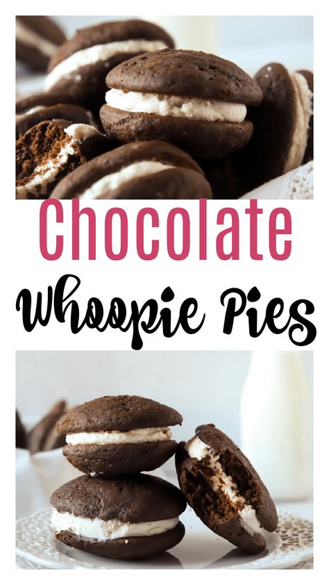 These chocolate whoopie pies are the perfect dessert sandwich with two fluffy chocolate cake rounds, with a creamy vanilla buttercream frosting in the middle. Made with buttermilk to keep them moist, and a hint of espresso powder to bring out the chocolate flavor, you won't be able to resist these whoopie pies! Chocolate Ganache Mousse, Whoopi Pies, Fluffy Chocolate Cake, Dessert Sandwich, Whoopie Pie Recipe, Chocolate Whoopie Pies, Christmas Brownies, Whoopie Pie, Cottage Coastal