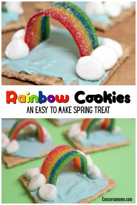 These Sweet Rainbow Cookies will brighten up even the rainiest of days. Check out how fun and easy it is to make this  Spring Treat! Spring Food Crafts, Spring Snacks, Rainbow Snacks, Rainbow Treats, St Patricks Day Crafts, St Patricks Day Crafts For Kids, Spring Treats, Rainbow Cookies, Spring Cookies