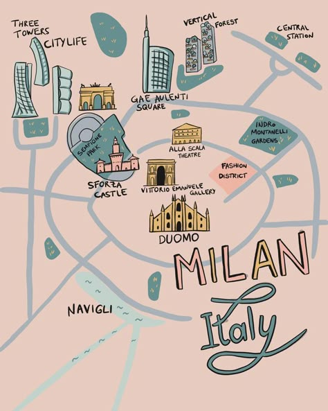 Illustrated map of Milan with a light color palette, skyline landmarks of Milano such as three towers, Duomo, Gae Aulenti skyscraper and Vertical Forest. Vintage italian feeling with a modern twist Milan Map, Milan Italy Travel, Duomo Milan, Milan Travel, Italy Trip Planning, Milan City, Comer See, Italy Art Print, Luxury Travel Destinations