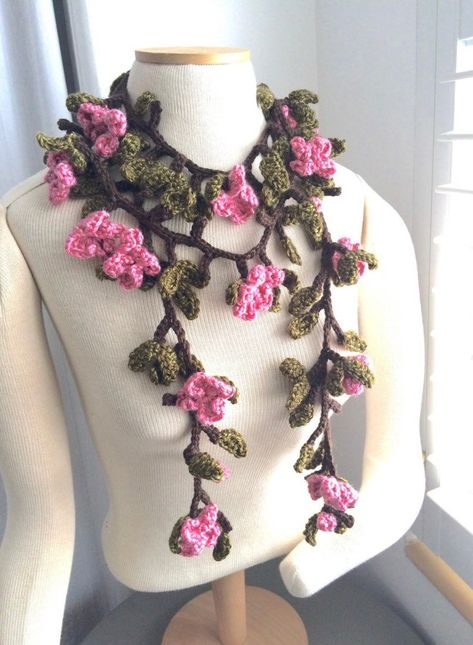 Garland Scarves Crochet PATTERN Great for the Beginner | Etsy Blossom Scarf, Red Garland, Scarves Crochet, Crochet Leaf, Pattern Leaf, Crochet Garland, Leaf Scarf, Flower And Leaves, Crocheted Flowers