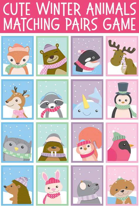 Winter Animal Matching Pairs Game. Free Printable Memory Cards. Memory Game Cards Free Printables, Free Printable Memory Game, Winter Memory Game Free Printable, Winter Memory Game, Winter Printables Free Preschool, Winter Bingo Printable Free For Kids, Winter Animals Preschool, Cute Winter Animals, Winter Printables Free