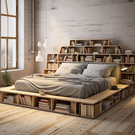 Ecosapiens on Instagram: "Introducing our innovative bed with an integrated bookshelf – a perfect fusion of comfort and convenience. This thoughtfully designed piece seamlessly combines a cozy sleeping space with a functional bookshelf, providing you with easy access to your favorite reads right at your fingertips. Crafted with both style and practicality in mind, this bed not only enhances your bedroom aesthetics but also caters to the needs of avid readers, creating a harmonious haven for relaxation and literary indulgence. Conceptual AI Art Follow @ecosapiens for more!" Bed Frame With Bookshelves, Book Shelf Bed, Book Bed, Wooden Library, Unique Bed Frames, Bed Nook, Bookshelf Bed, Bed Bookshelf, Bedroom Aesthetics