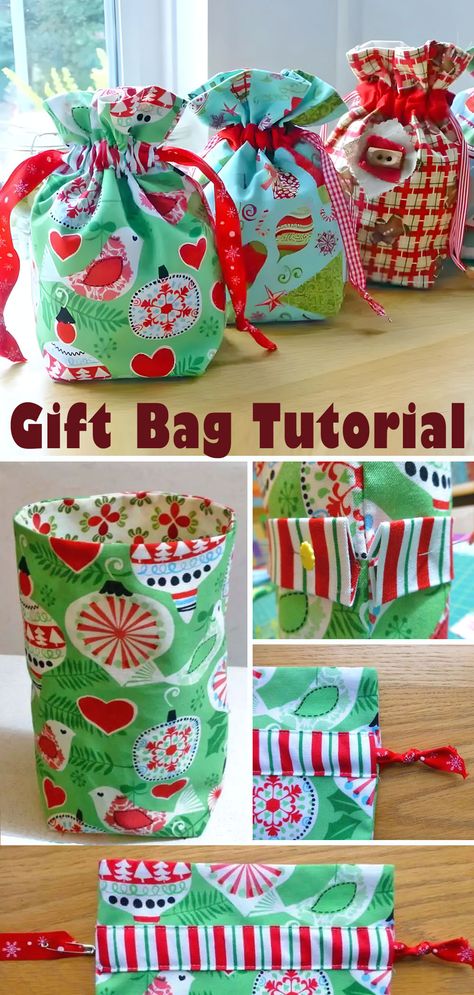 Drawstring Fabric Gift Bag Tutorial.    So Christmas is sneaking up quickly, and I thought you might like a quick and easy Christmas tutorial. How cute are these gift bags? Fabric Christmas Bags, Drawstring Bag Tutorials, Sewing Christmas Gifts, Knitting Amigurumi, Gift Bags Diy, Reusable Gift Bags, Quilted Christmas Ornaments, Sewing Tutorials Free, Easy Diy Gifts