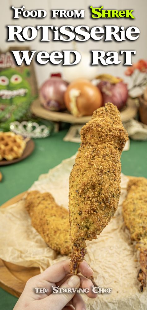 Enjoy a whimsical, Shrek-inspired rotisserie-style chicken, bringing a touch of fairytale magic to your dinner table. Swamp Food Ideas, Shrek Themed Appetizer, Hook Themed Dinner, Classy Shrek Wedding, Swamp Party Food, Shrek Appetizers, Shrek Dinner And A Movie, Shrek Decorated Cookies, Shrek Food Ideas Party