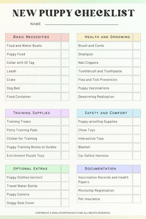 Free New Puppy Checklist Printable! Dog Essentials Products, Puppy Feeding Schedule, First Time Dog Owner, Puppy Essentials, Puppy List, Adopt A Puppy, New Puppy Checklist, Puppy Things, Puppy Checklist