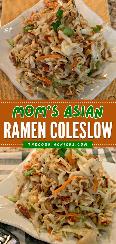 Roman Noodle Salad, Raman Noodle Salad, Coleslaw With Ramen Noodles, Ramen Coleslaw, Easy Asian Salad, Asian Coleslaw Recipe, Top Ramen Recipes, Asian Ramen Noodle Salad, Asian Ramen Salad