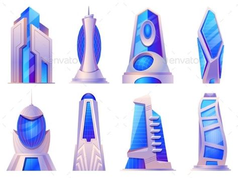 Cartoon Futuristic City Buildings and Skyscrapers Futuristic Architecture Illustration, Future Buildings Architecture, Modern Buildings Drawing, Futuristic Building Drawing, Future Buildings Drawing, Future City Drawing Ideas, Future City Drawing Easy, Atompunk City, Modern City Drawing