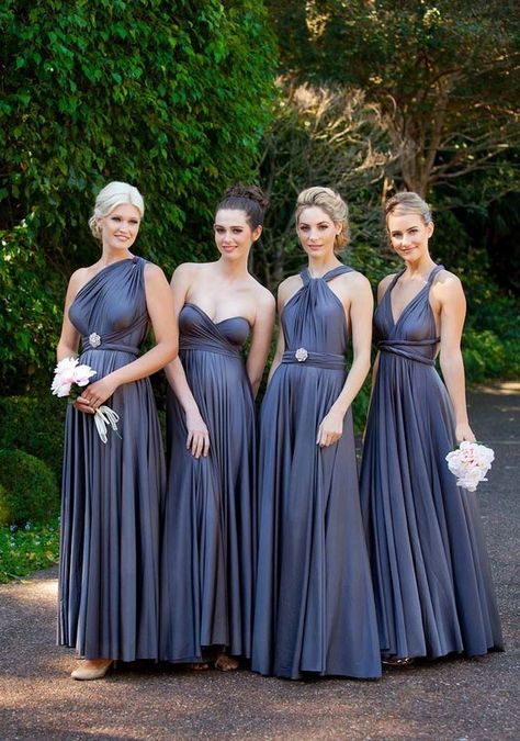 Convertible Long Bridesmaid Dresses By Goddessbynature / http://www.himisspuff.com/convertible-bridesmaid-dresses/2/ Grey Bridesmaid Dresses Long, Gray Formal Dress, Multiway Dress, Cheap Gowns, Grey Bridesmaids, Multi Way Dress, Grey Bridesmaid Dresses, Infinity Dress, Evening Dress Fashion