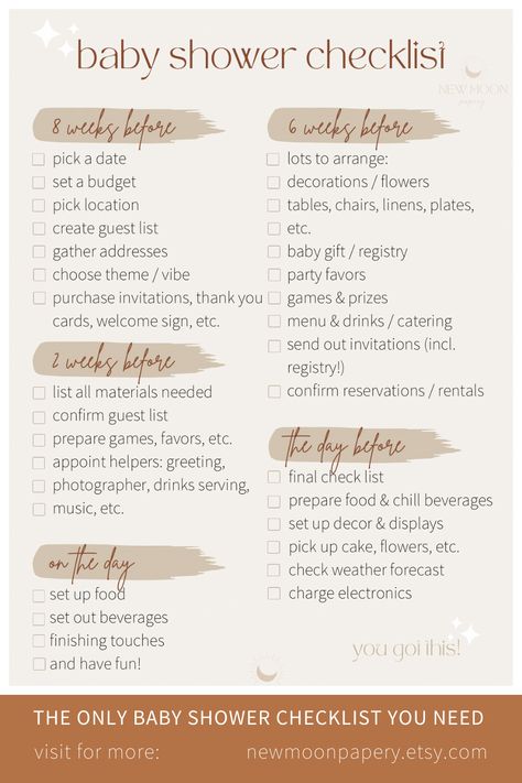 Checklist Ideas, Shower Checklist, Baby Shower Themes Neutral, Baby Shower Checklist, Bebe Shower, Baby Brunch, Party Checklist, Baby Shower Theme Decorations, Unisex Baby Shower