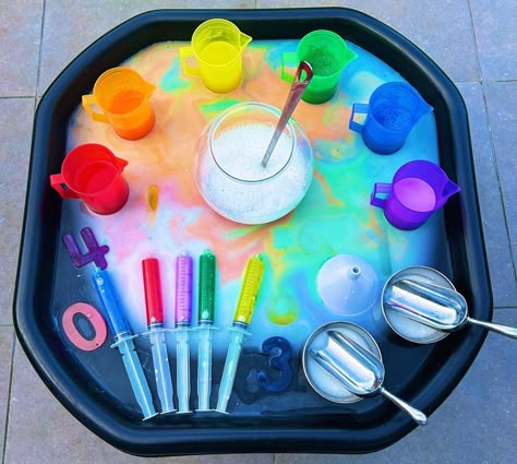 Rainbow Water 🌈 - Water play - Colour mixing - Creative play - Number recognition 🌈 The base is water and white paint 🌈 I then added a little of each coloured water to the base to create a rainbow effect 🌈 Coloured jugs and rainbow numbers from @tickit_education ⭐️ Follow for more water play activities #tufftray #tufftrayideas #tufftrayactivities #tufftrayplay #tufftrayfun #tuffspot #tuffspotideas #playtray #playtrayideas #playtrayactivities #waterplay #messyplay #sensoryplay #number... Nursery Water Tray Ideas, Rainbow Messy Play, Rainbow Tuff Tray Ideas, Toddler Childcare Room Ideas, Rainbow Tuff Tray, Water Play Activities For Toddlers, Colour Recognition Activities Toddlers, Rainbow Activity Preschool, Colours Tuff Tray