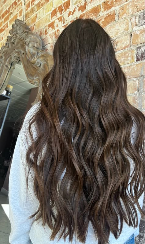 Brown Hair With Some Dimension, Dark Brown Hair With Sunkissed Highlights, Hair Inspo Color Brunettes Dark, Brunette Balayage Hair Blue Eyes, Teddy Brown Hair Color, Dark Brown Hair Inspo Color, Low Light Balayage, Chocolate Brown Hair Blue Eyes, Brown Hair Red Tint