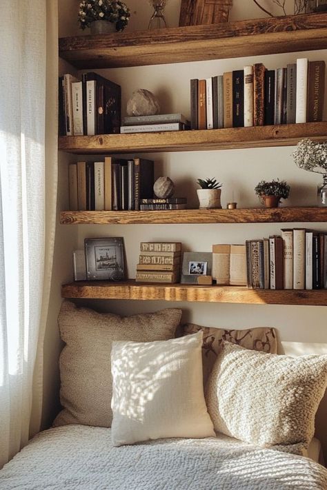 Add storage without taking up floor space with these DIY floating shelves! Perfect for small homes. #FloatingShelves #SmallSpaceSolutions #DIYStorage Diy Mounted Bookshelf, Diy Bookshelf Living Room, Bedroom Shelves Diy, Thick Wooden Shelves, Built In Bookshelves Small Space, Wooden Floating Shelves Bedroom, Small Room Shelf Ideas, Cool Shelves Bedroom, Diy Floating Wall Shelves