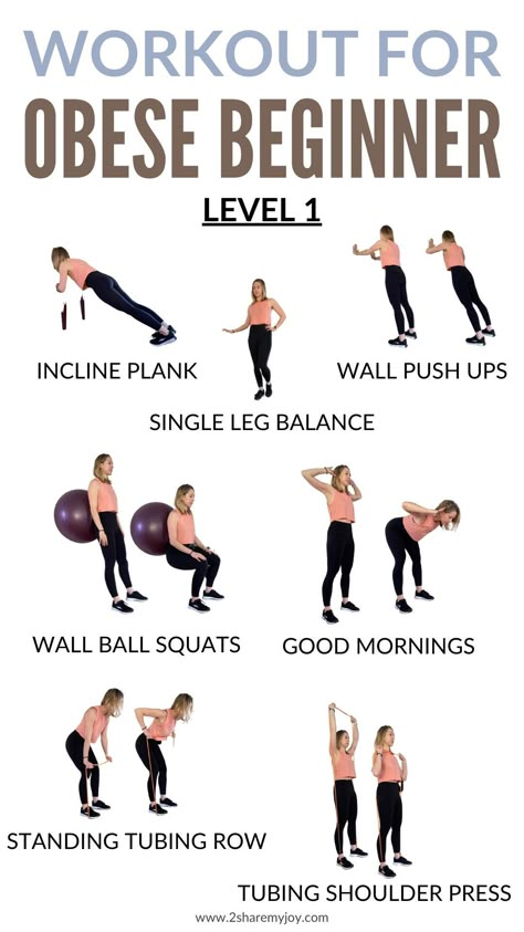 This is the first level of the workout for obese beginners. Click through to get all 3 levels and read on what exercises are best for obese beginners, and how many reps and sets to do for each exercise. Obese Workout, How To Start Exercising, Hiit Workouts For Beginners, Knee Strengthening Exercises, 20 Minute Workout, Workout Plan For Beginners, Workouts For Beginners, Strengthening Exercises, Beginner Workout