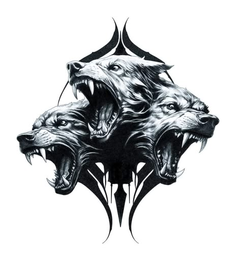 Three Legged Dog Tattoo, Chest Tattoo Men Ideas Stencil, 3 Headed Wolf, Demon Wolf Tattoo, Beast Tattoo Design, Cerberus Tattoo Design, Cerebus Dog Tattoo, Cerberus Drawing, Hellhound Tattoo