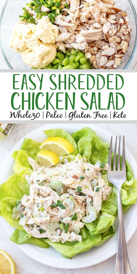 This easy shredded chicken salad recipe is so easy to make, and a great way to use leftover chicken or rotisserie chicken. It's made in under 20 minutes, with fewer than 10 ingredients and is awesome for lunch meal prep or shredded chicken salads. This salad is also Whole30, gluten free, dairy free, paleo and keto. #shreddedchickensalad #whole30chickensalad Gluten Free Chicken Salad Recipe, Shredded Chicken Salad Recipe, Leftover Shredded Chicken Recipe, Paleo Chicken Salad Recipe, Shredded Chicken Salad, Chicken Recipes Dairy Free, Shredded Chicken Salads, Easy Paleo Chicken, Use Leftover Chicken