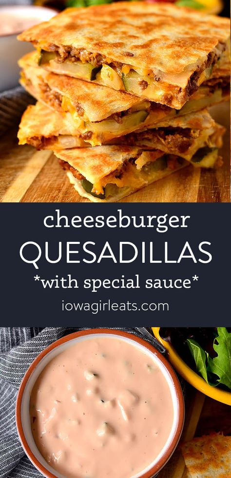 Cheeseburger Quesadillas are quick, fun, and finger lickin' good! This easy dinner recipe goes from fridge to table in under 30 minutes. iowagirleats.com keywords: dinner recipes, dinner ideas, dinner ideas easy, 20 minute meals, 20 minute dinners, 30 minute meals, 30 minute dinners, ground beef recipes, ground beef recipes easy Cheeseburger Quesadillas, Diner Recept, Iowa Girl Eats, Cheese Burger, Easy Dinner Recipe, Special Sauce, Beef Dinner, Quesadillas, Dinner Recipe