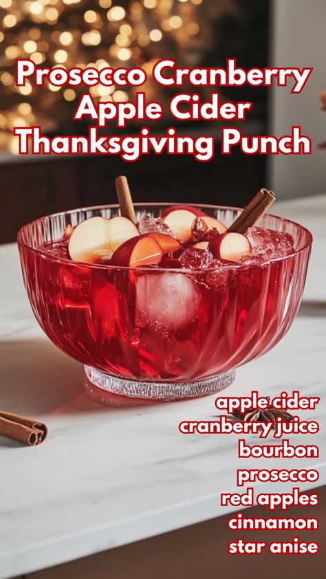 This Prosecco Cranberry Apple Cider Thanksgiving Punch is a sparkling, festive drink that combines the sweet, crisp flavors of apple cider and cranberry with a hint of bourbon and bubbly prosecco. #proseccocranberryappleciderthanksgivingpunch #thanksgivingcocktails via @mybartender Bourbon Thanksgiving Drinks, Thanksgiving Bourbon Punch, Christmas Bourbon Cocktails, Thanksgiving Apple Cider, Cranberry Apple Cider, Apple Cider Cocktails, Apple Cider Mimosa Recipe, Cranberry Cocktails, Cranberry Cocktail Recipe