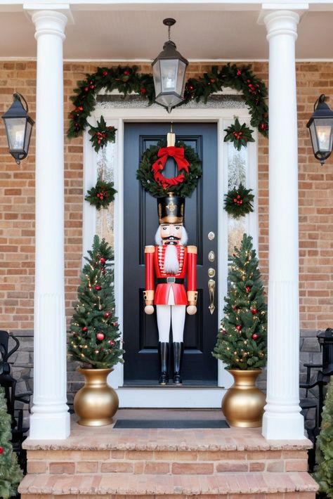 Dance into the holidays with this enchanting Nutcracker theme! Create oversized toy soldiers, arrange candy-colored decorations, and craft magical ballet-inspired vignettes. Includes DIY templates for life-size Nutcracker cutouts! #NutcrackerChristmas #ChristmasMagic #HolidayEntrance Nutcracker Porch Decor, Nutcracker Display, Christmas Exterior, Nutcrackers Display, Christmas Front Porch Decor, Christmas Front Porch, Front Porch Decor, Diy Templates, Christmas Mantels