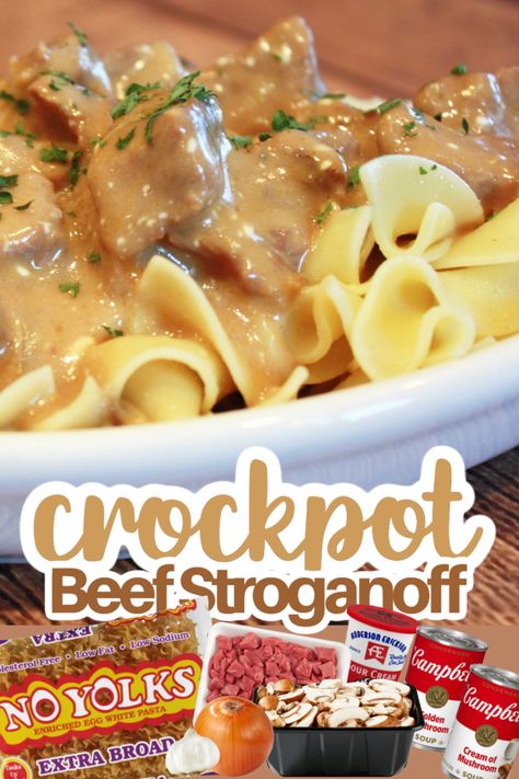 This easy beef stroganoff slow cooker recipe is filled with flavor! After you taste it for the first time you'll see just how it can possibly be considered one of the BEST easy crockpot recipes with stew meat! It really is a simple crockpot beef stroganoff that will knock your socks off! Beef Stroganoff Stew Meat, Recipes With Stew Meat, Beef Stroganoff With Sour Cream, Beef Stroganoff Slow Cooker, Crock Pot Stew Meat Recipes, Stroganoff Slow Cooker, Crock Pot Stroganoff, Beef Chunks, Easy Beef Stroganoff