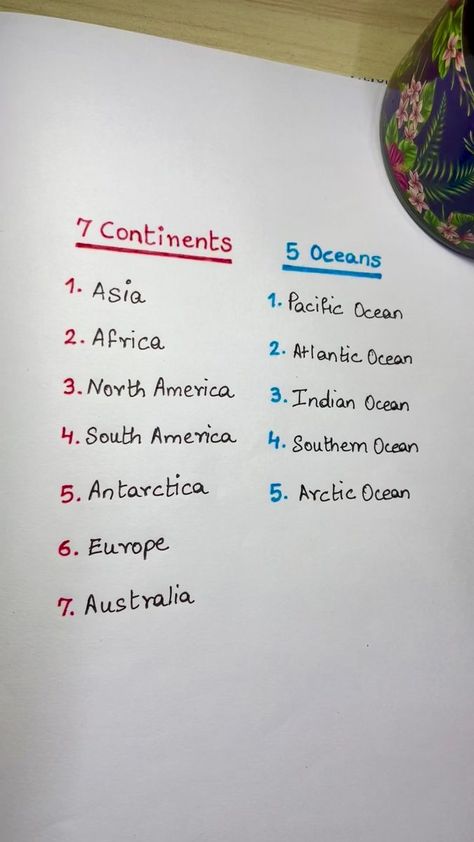 Continents and Oceans. | LK Logy | LK Logy · Original audio 7 Continents And 5 Oceans, Aesthetic Lists, Studying Tricks, Continents Song, 3rd Grade Worksheets, Geography Notes, General Knowledge For Kids, Digraphs Worksheets, Upsc Notes