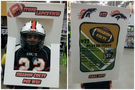 Football trading card costume diy Printed images from computer on foam core. Football Card Halloween Costume, Football Card Costume, Card Costume Diy, Diy Trading Cards, Kids Costumes Diy, Football Halloween Costume, Peewee Football, Football Costume, Football Shoulder Pads