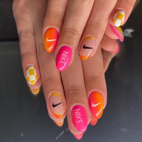 Runner Nails Design, Cute Basketball Nails, Track Nails Designs, Basketball Gel Nails, Running Nails Designs, Fun Crazy Nails, Basketball Nail Art, Sports Nails Designs, Basketball Nails Designs