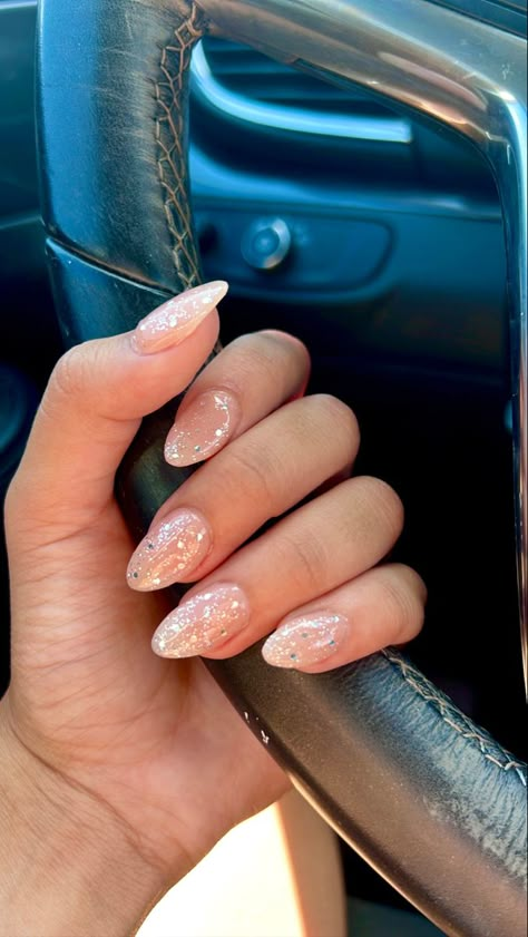 Mail Inspo Rhinestones, Cute Nail Designs For January, Glitter Tip Manicure, Dip Sparkle Powder Nails, Sns Dipping Powder Nails Almond Shape, Nails For Dances Ideas, Short Almond Nails New Years, Cute Graduation Nail Ideas, Simple Nails For January