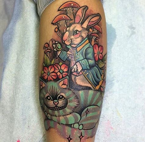 White rabbit and Cheshire Cat tattoo The National Tattoo, Red Queen Tattoo, Secret Garden Tattoo, Alice Tattoo Ideas, Alice In Wonderland Sleeve, Alice In Wonderland Tattoos, Fantastic Tattoo, White Rabbit Tattoo, Alice In Wonderland Tattoo