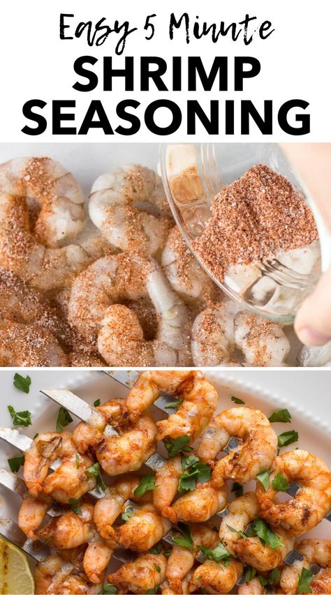 Pin for Easy 5 Minute Shrimp Seasoning. That text is at the top in black on a white background and there are two horizontal images stacked on top of each other. The top one is a hand pouring shrimp seasoning out of a clear bowl onto raw shrimp and the bottom is cooked grilled shrimp with the seasoning on it on metal skewers on a white plate with chopped green herbs as a garnish. Shrimp Dry Rub, Gluten Free Shrimp Recipes, Shrimp Taco Seasoning, Grilled Shrimp Seasoning, Grilled Shrimp Marinade, Easy Grilled Shrimp Recipes, Low Carb Taco Seasoning, Asian Seasoning, Shrimp Marinade