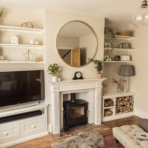 Lounge Shelves, 1930s Living Room, Alcove Ideas Living Room, Log Burner Living Room, Alcove Ideas, Alcove Shelving, Sitting Room Ideas, Victorian Living Room, Tree Cottage