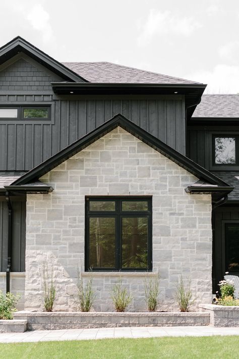 The Forest Ridge Home — KAJ White Rock Exterior Homes, Organic Modern House Exterior, Dark Stone Exterior Houses, Farmhouse Colours, Shoreline Ideas, Dark Farmhouse Exterior, Grey Brick Houses, Best Exterior House Paint, Stone Exterior Houses