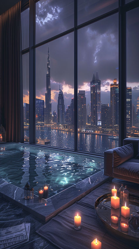 Immerse yourself in modern luxury with this stunning penthouse overlooking the Dubai skyline at night. The sleek grey color palette, black velvet curtains, and cinematic lighting set a moody atmosphere, while candles and fire pits add warmth to the infinity pool balcony. A perfect fusion of elegance and breathtaking views. 🏙️✨ #DubaiLuxury #PenthouseViews #ModernDesign#InfinityPool #SkylineViews #CinematicStyle #MoodyAtmosphere #ModernArchitecture #LuxuryLiving #DubaiNights #InteriorDesignGoals Penthouse View Night Wallpaper, Dubai Penthouse Aesthetic, Luxury Hotel Aesthetic Night, Dubai Penthouse Luxury, Penthouse View Night, Penthouse At Night, Modern City Aesthetic, Nyc Penthouse Luxury, New York Penthouse Luxury