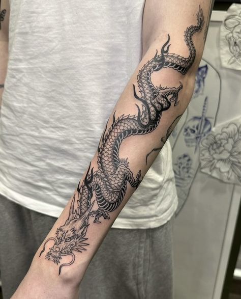 Dragon Tattoo Wrapping Around Arm, Fantasy Dragon Tattoo Arm, Asian Dragon Tattoo Arm, Dragon Forearm Tattoos Men, Dragon Tattoo Wrapped Around Forearm, Arm Tattoo Chinese, Tattoos In Greek, Hand Dragon Tattoo, Dragon Tattoo Half Sleeve