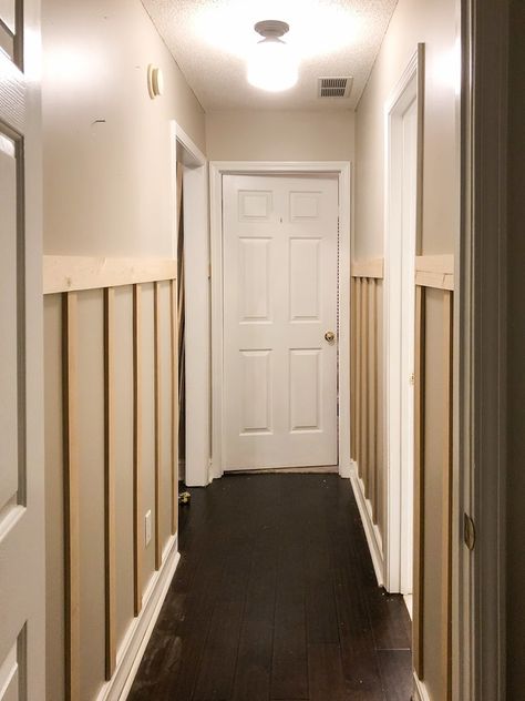 Diy Board And Batten Wall Hallway, Board And Batten Hallway Decor, Hallway Wall Board And Batten, Hallway Batten Wall, Diy Hallway Remodel, Board And Batten Small Hallway, Board And Batten Upstairs Hallway, Board And Batten Hallway With Pictures, Split Level Entryway Board And Batten